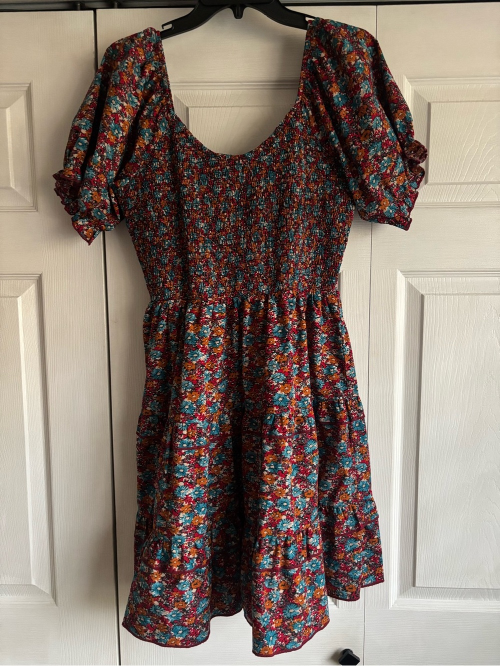 Floral Smocked Puff Sleeve Dress in Burgundy & Teal